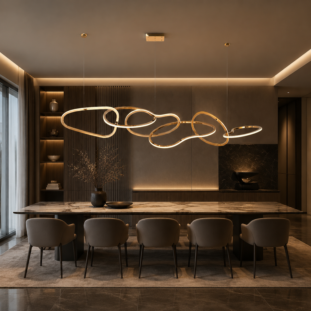 Sculptural linear pendant light with illuminated LED rings above a modern dining table