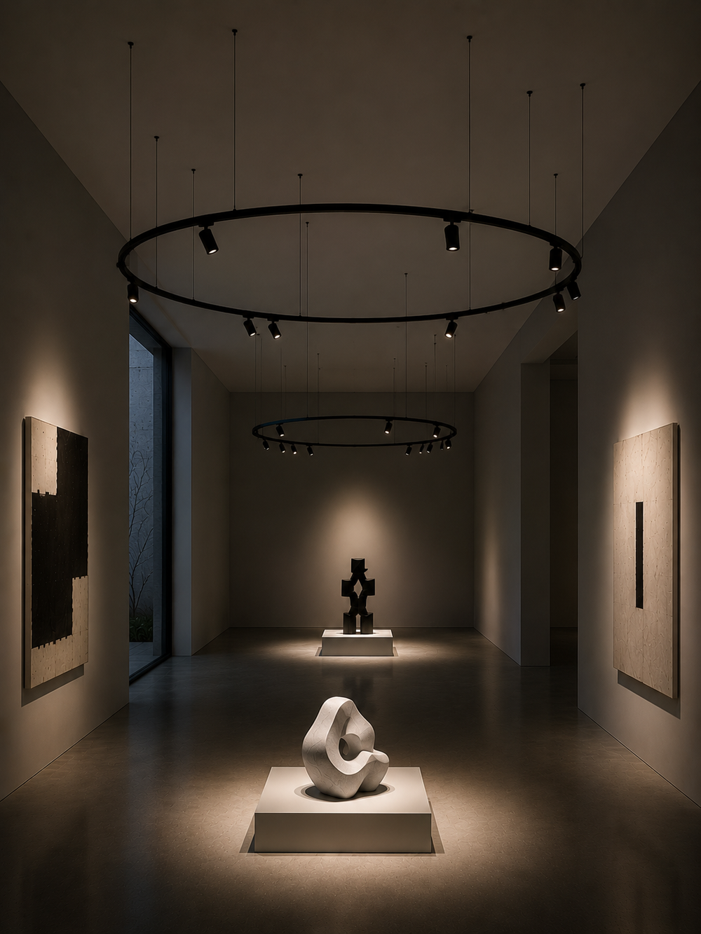 Circular 3 circuit track lighting system in dual ring configuration lighting sculptures and artworks in a dark art gallery interior, Custom Euro Track System by Lucretia