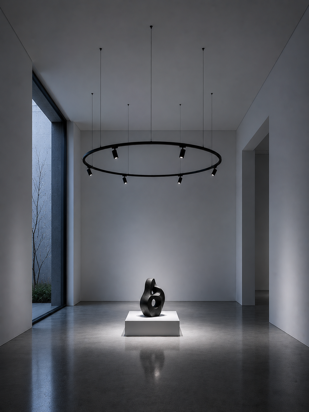 Circular 3 circuit track lighting system in single ring configuration spotlighting a sculpture in a minimalist gallery space with polished concrete floor, Custom Euro Track System by Lucretia