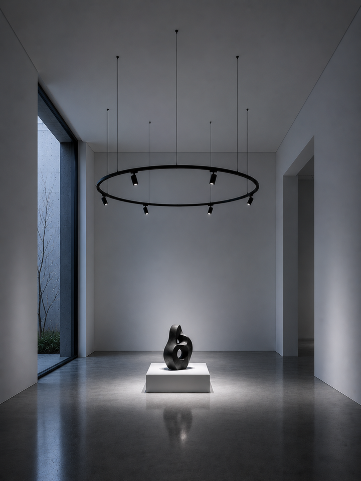 Circular 3 circuit track lighting system in single ring configuration spotlighting a sculpture in a minimalist gallery space with polished concrete floor, Custom Euro Track System by Lucretia