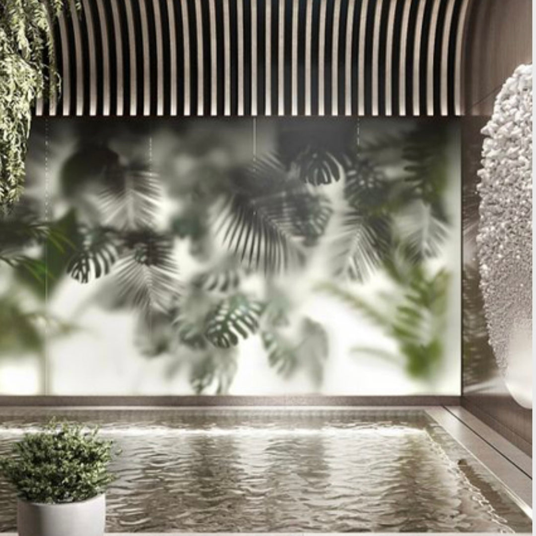 Cloud Silk Board textured decorative wall panel used as a feature wall with soft plant shadows in a modern interior