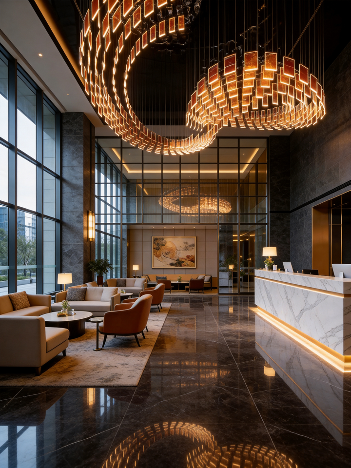 Cloudveil Bespoke Pendant Light installed in a luxury hotel lobby featuring sculptural architectural LED lighting and double-height interiors.