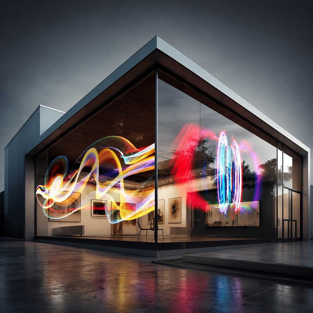 COB Holographic LED Display installed behind glass creating transparent digital content for a commercial facade