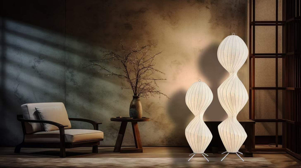 Cocoon Floor Lamp providing warm ambient lighting in a modern living room interior.