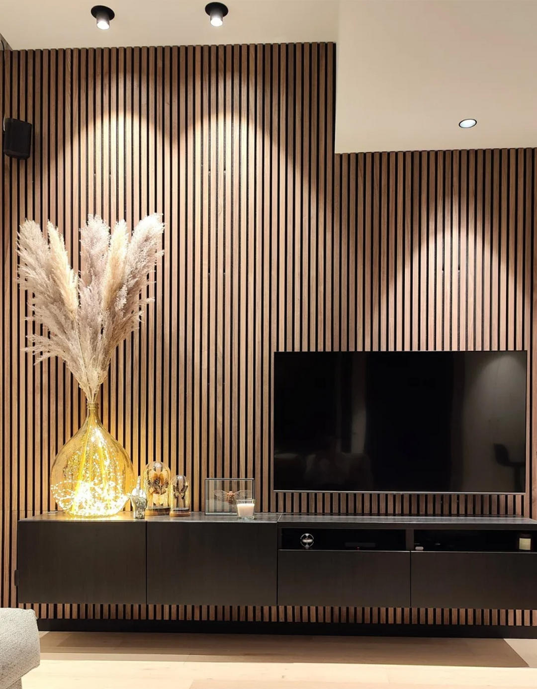 Commercial acoustic slat wall panels installed as architectural feature wall