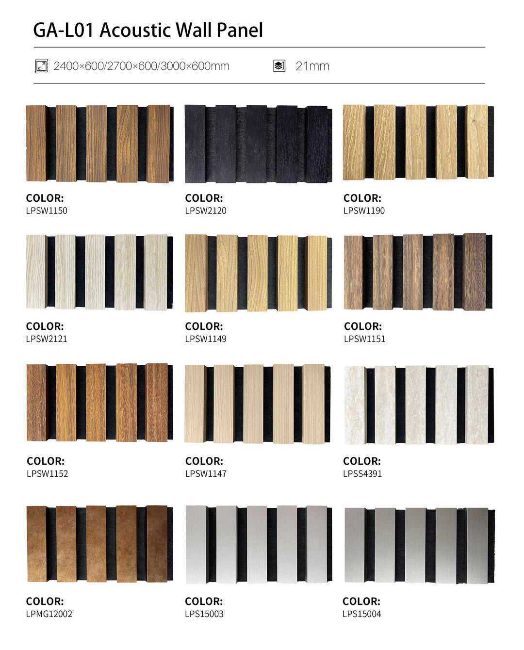 Commercial acoustic wall panel finish range including timber and metallic textures