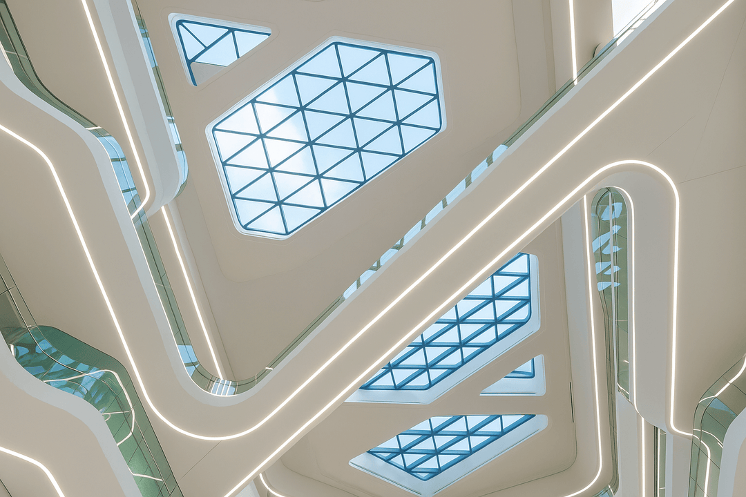 Recessed curved LED linear lighting installation in a commercial architectural ceiling with seamless integrated light lines