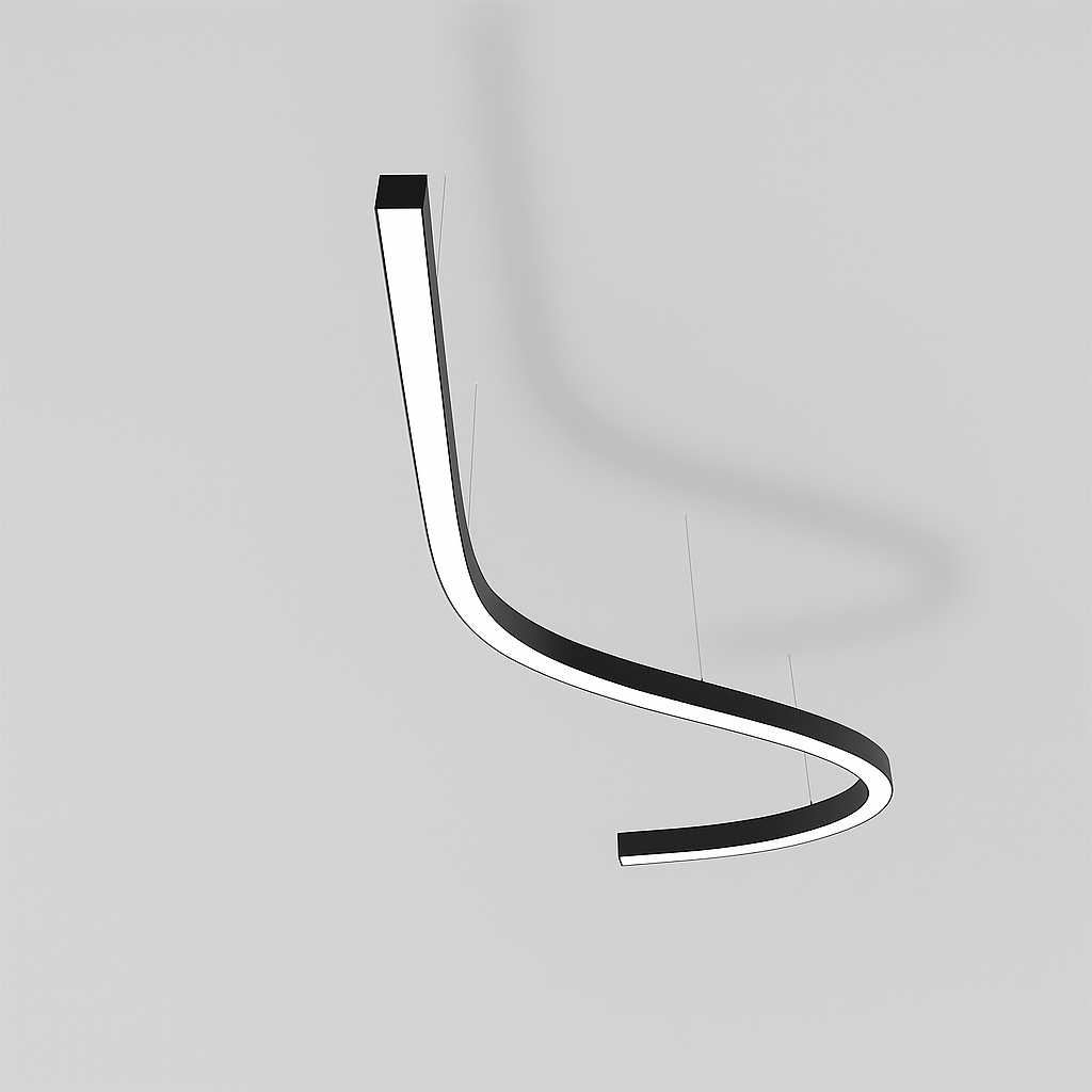 Modular LED linear lighting system for commercial ceilings, featuring curved and free-form light lines for offices and retail spaces