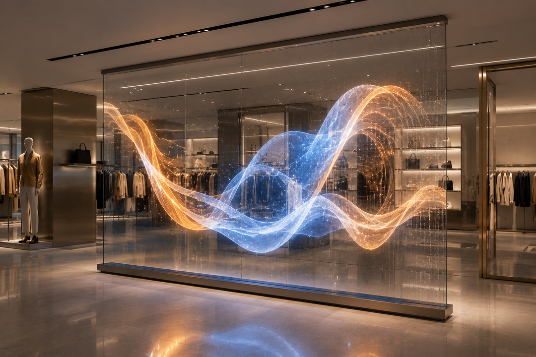 Commercial transparent LED glass display for retail storefront and shopping centre applications