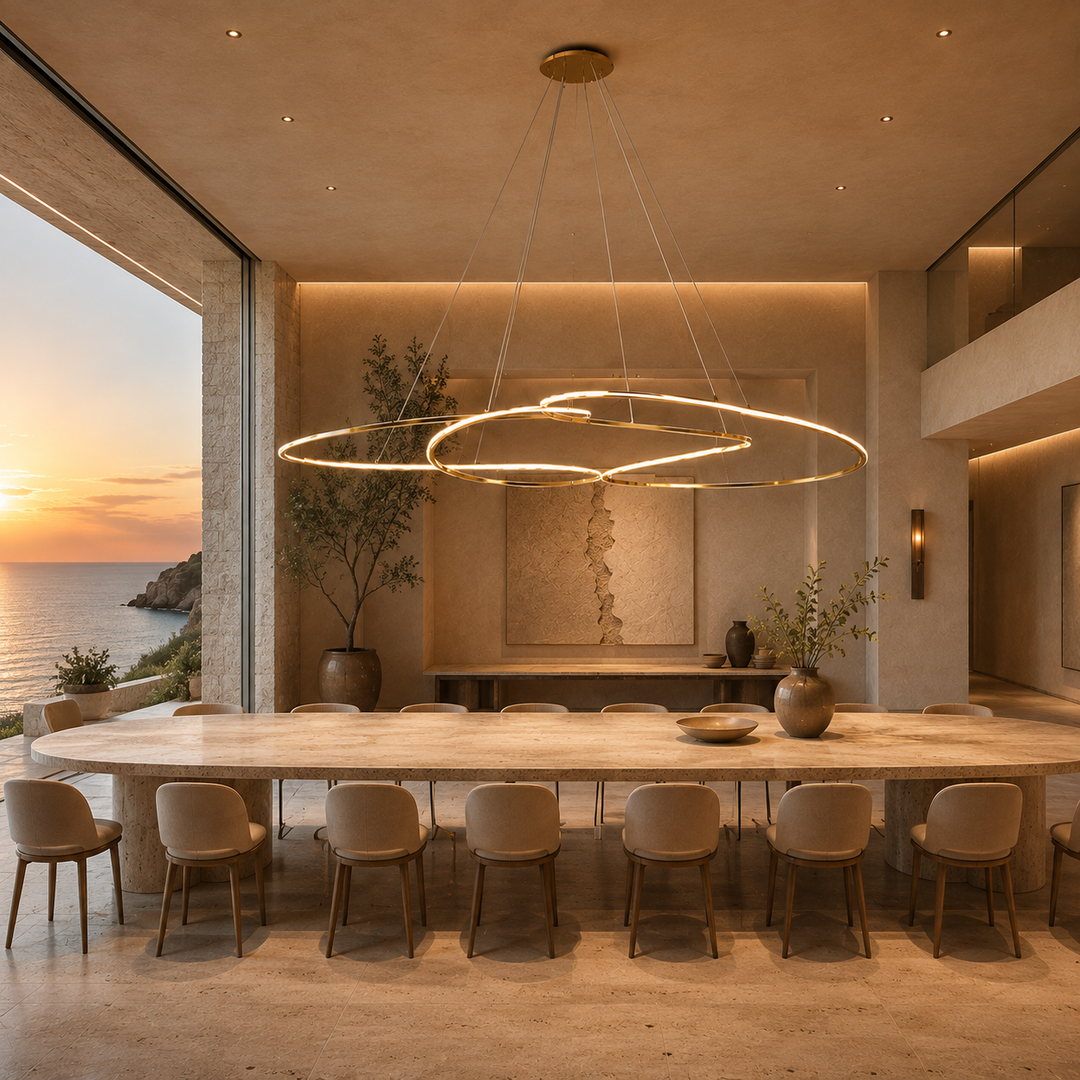 Concordia linear LED pendant light above a contemporary dining table with sculptural illuminated rings