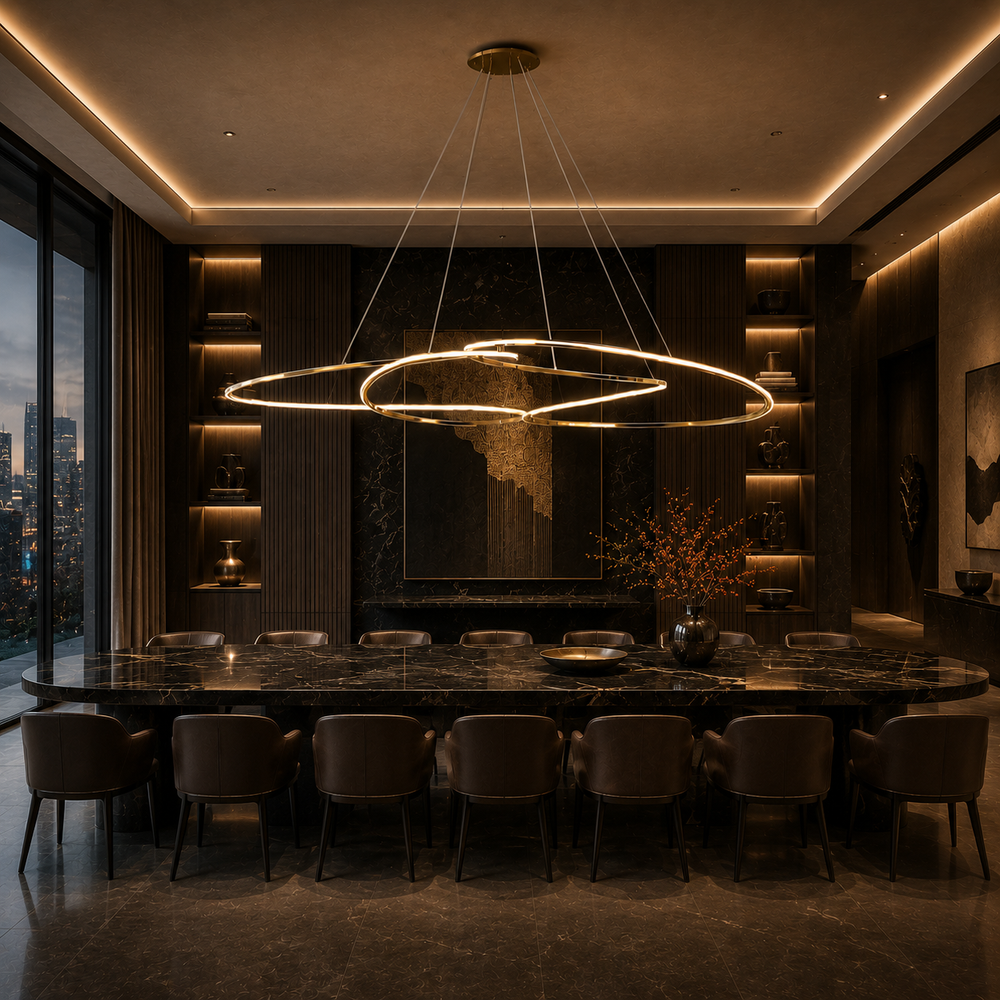 Concordia sculptural linear pendant light with LED rings in a luxury modern dining room
