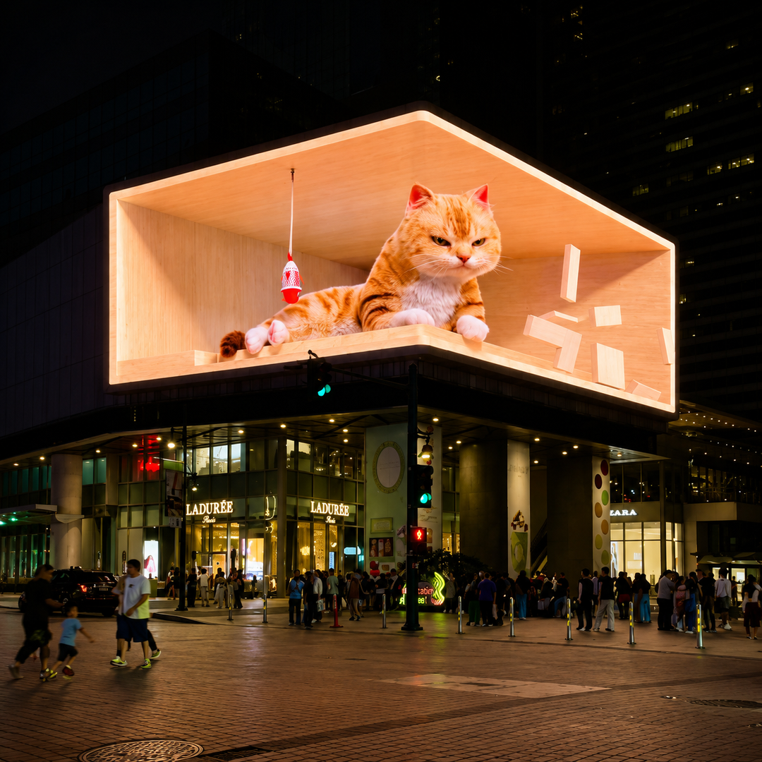 Corner LED billboard displaying a naked-eye 3D cat advertisement on a commercial building façade