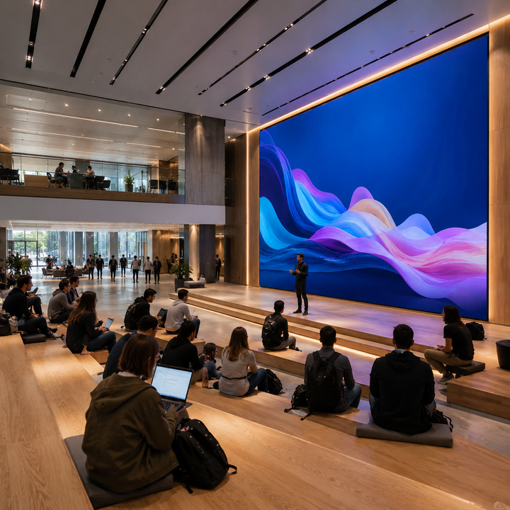 Corporate LED display installed in a business experience centre for presentations and digital communications