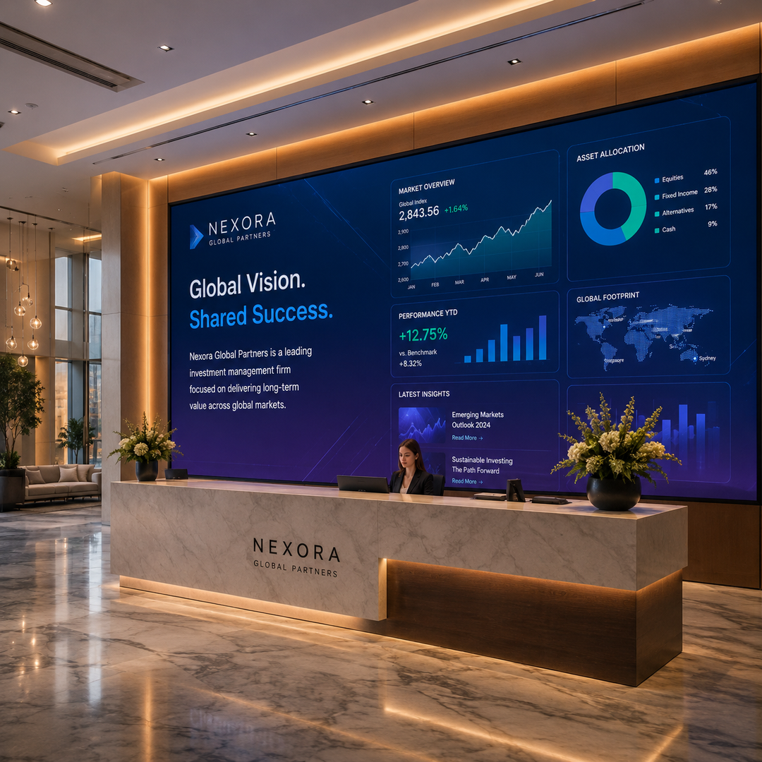 Indoor LED video wall installed in a corporate lobby for business presentations, real-time information and digital communication.