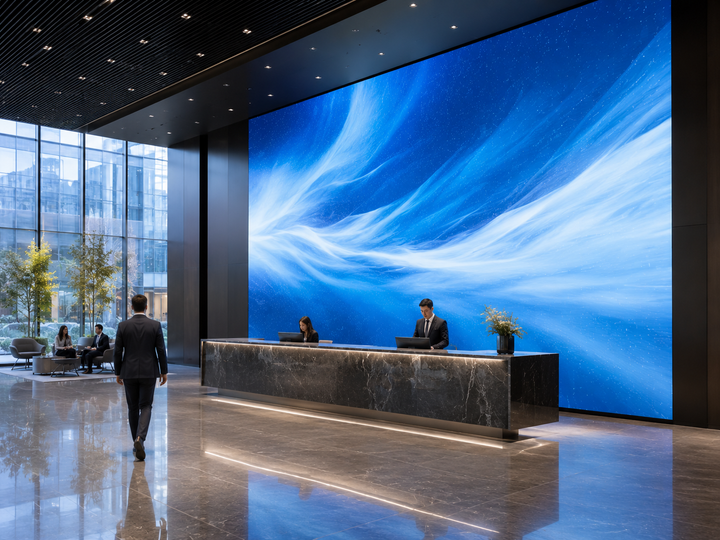 Large corporate LED display wall installed in a modern office lobby and reception area
