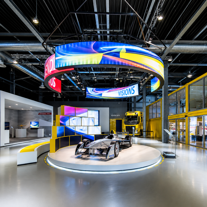 Suspended ring LED display installed in a commercial exhibition and experience centre