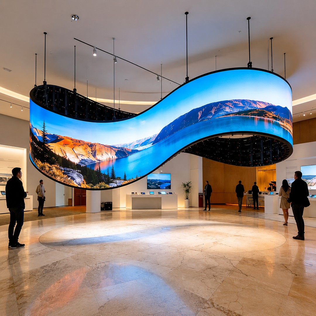 Creative LED display featuring a suspended wave-shaped LED screen in a corporate experience centre