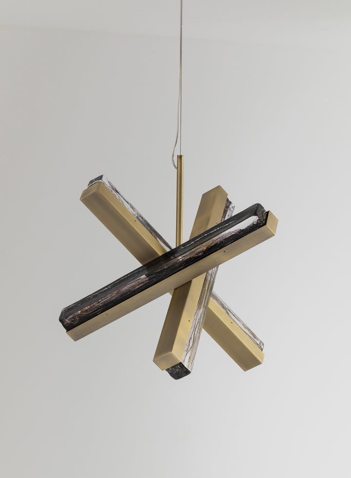 Modern cross pendant light suspended with glass and metal structure, Running Water 3