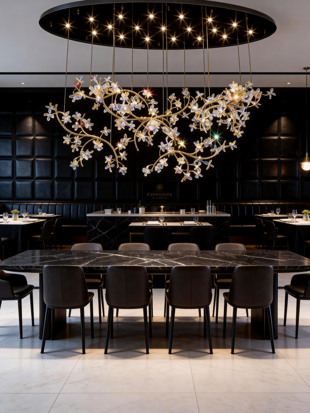 Crystal Blossom Bespoke Lighting luxury crystal chandelier installed above a dining area with handcrafted floral crystal details and bespoke suspended lighting design.