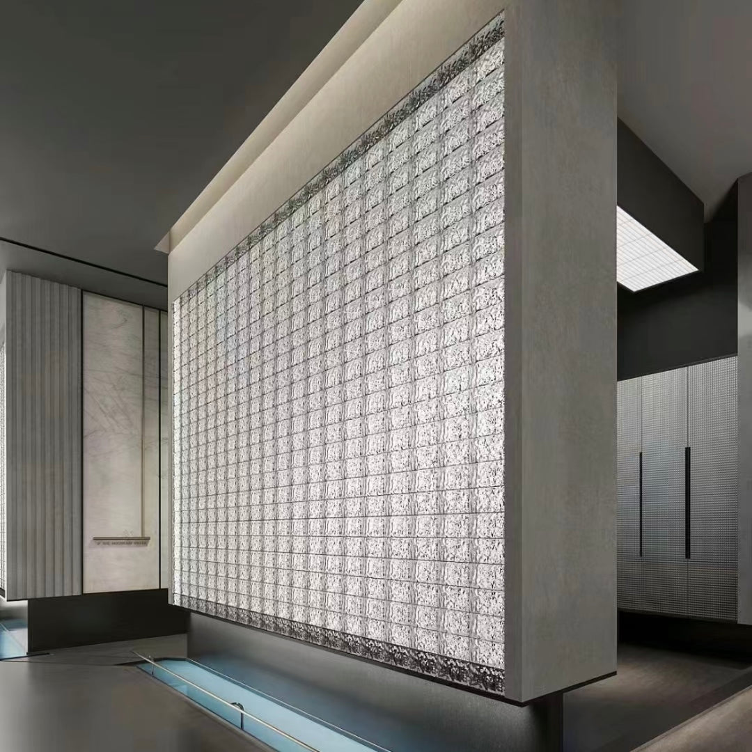 Crystal brick glass block feature wall used in modern interior architectural space