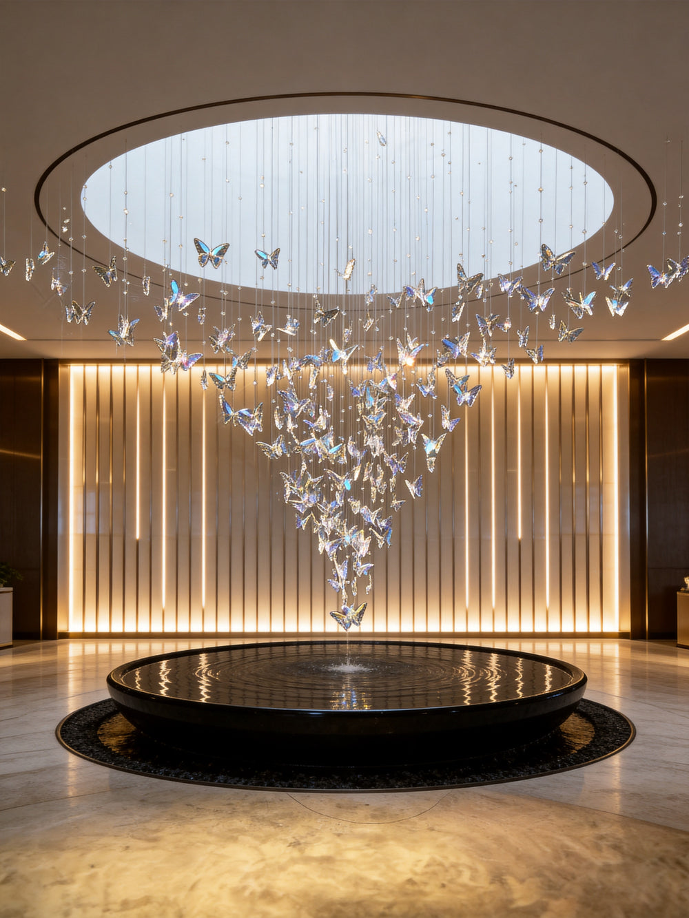 Crystal butterfly chandelier beneath a circular skylight above a hotel lobby water feature with warm backlit wall panelling, Butterflies Custom Pendant by Lucretia