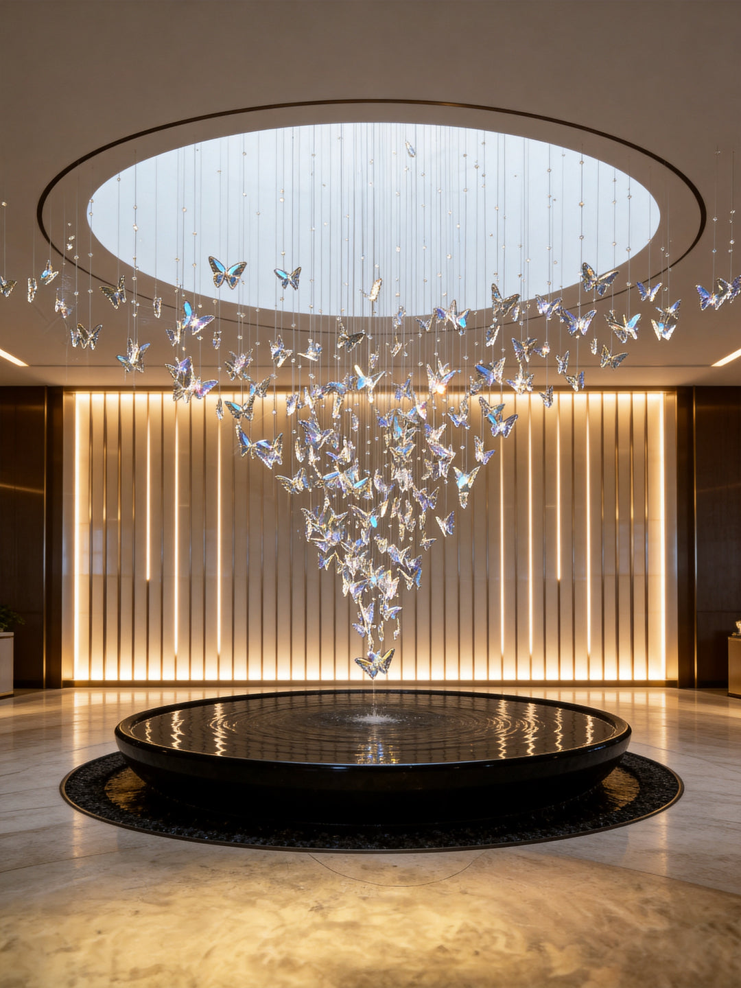 Crystal butterfly chandelier beneath a circular skylight above a hotel lobby water feature with warm backlit wall panelling, Butterflies Custom Pendant by Lucretia