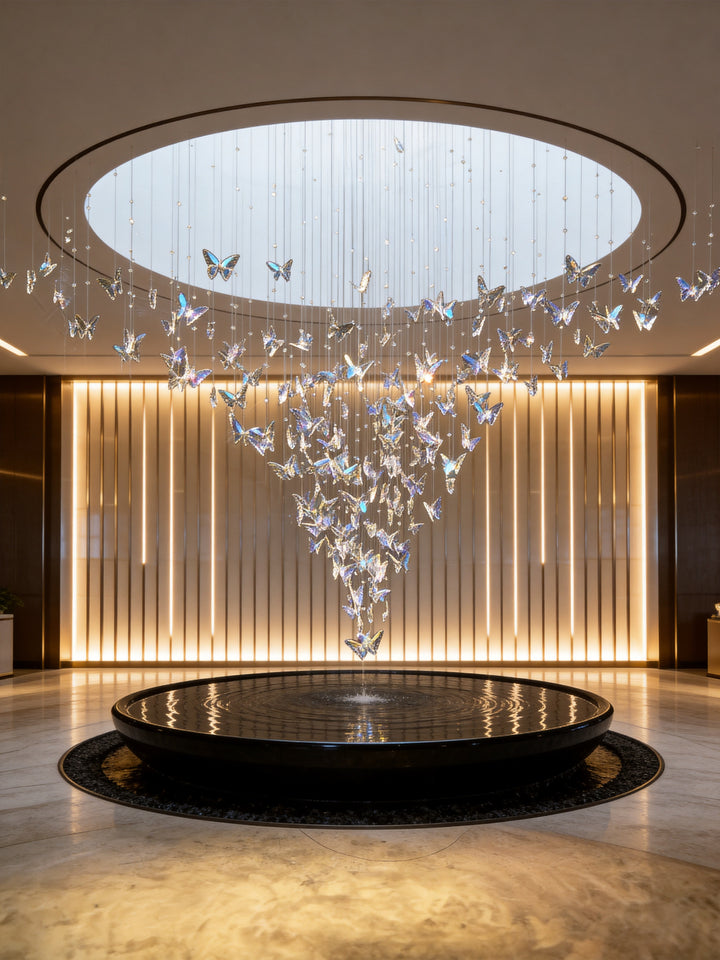Crystal butterfly chandelier beneath a circular skylight above a hotel lobby water feature with warm backlit wall panelling, Butterflies Custom Pendant by Lucretia