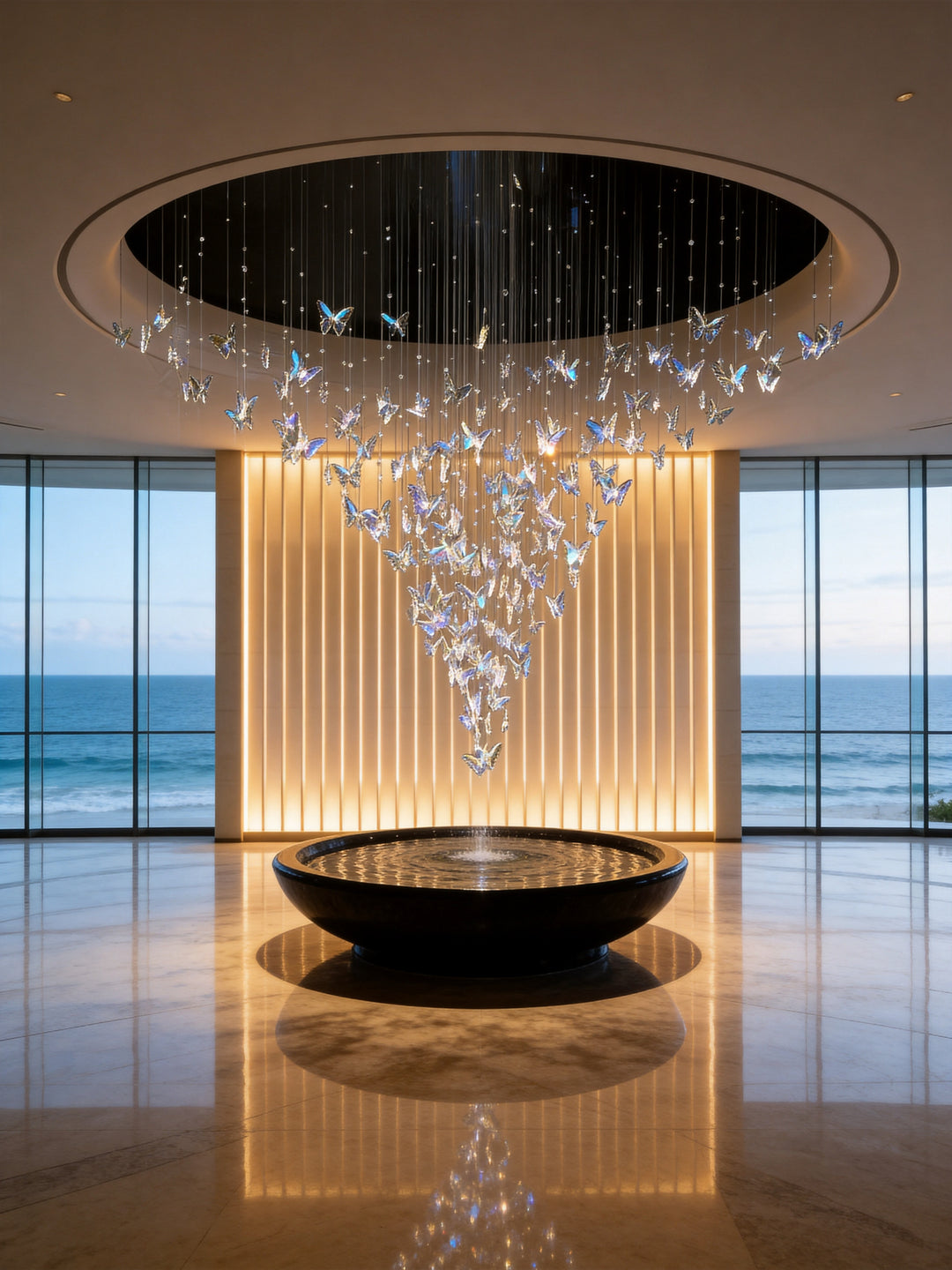 Crystal butterfly void chandelier above a circular water feature in a beachfront hotel lobby with ocean views, Butterflies Custom Pendant by Lucretia