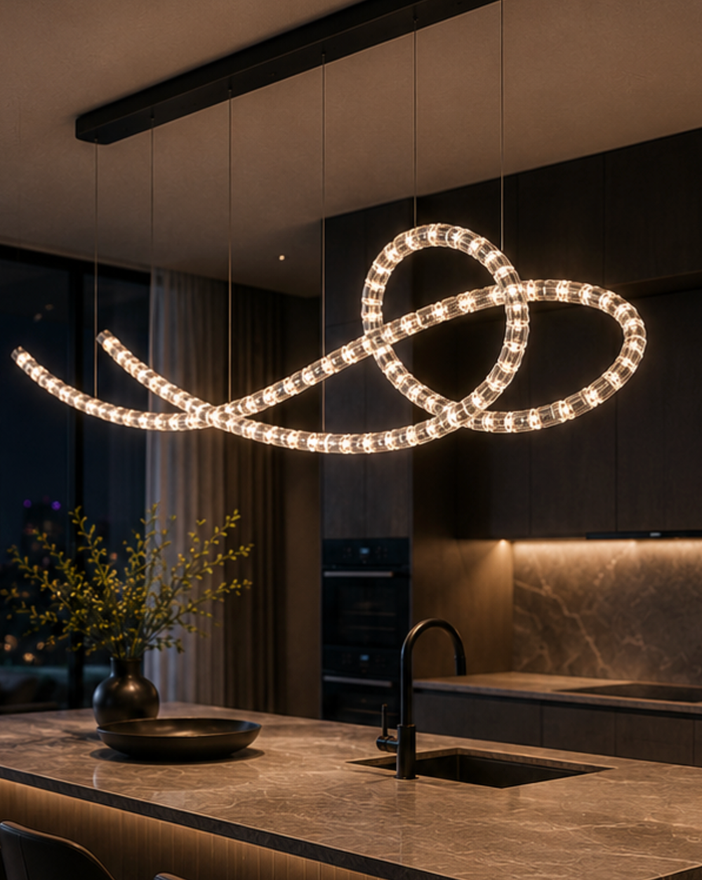 Crystal glass serpentine chandelier close-up showing handcrafted detail above a luxury kitchen island with warm ambient lighting, Serpentine Crystal Flow by Lucretia