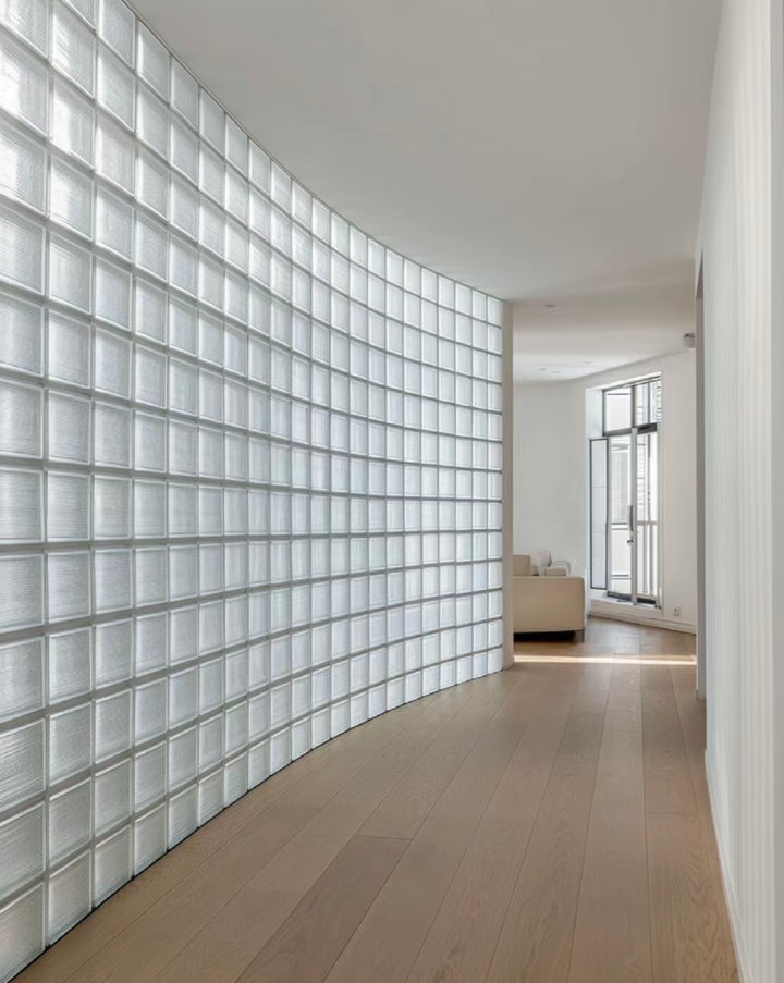 Curved glass block wall constructed with Square Crystal Brick