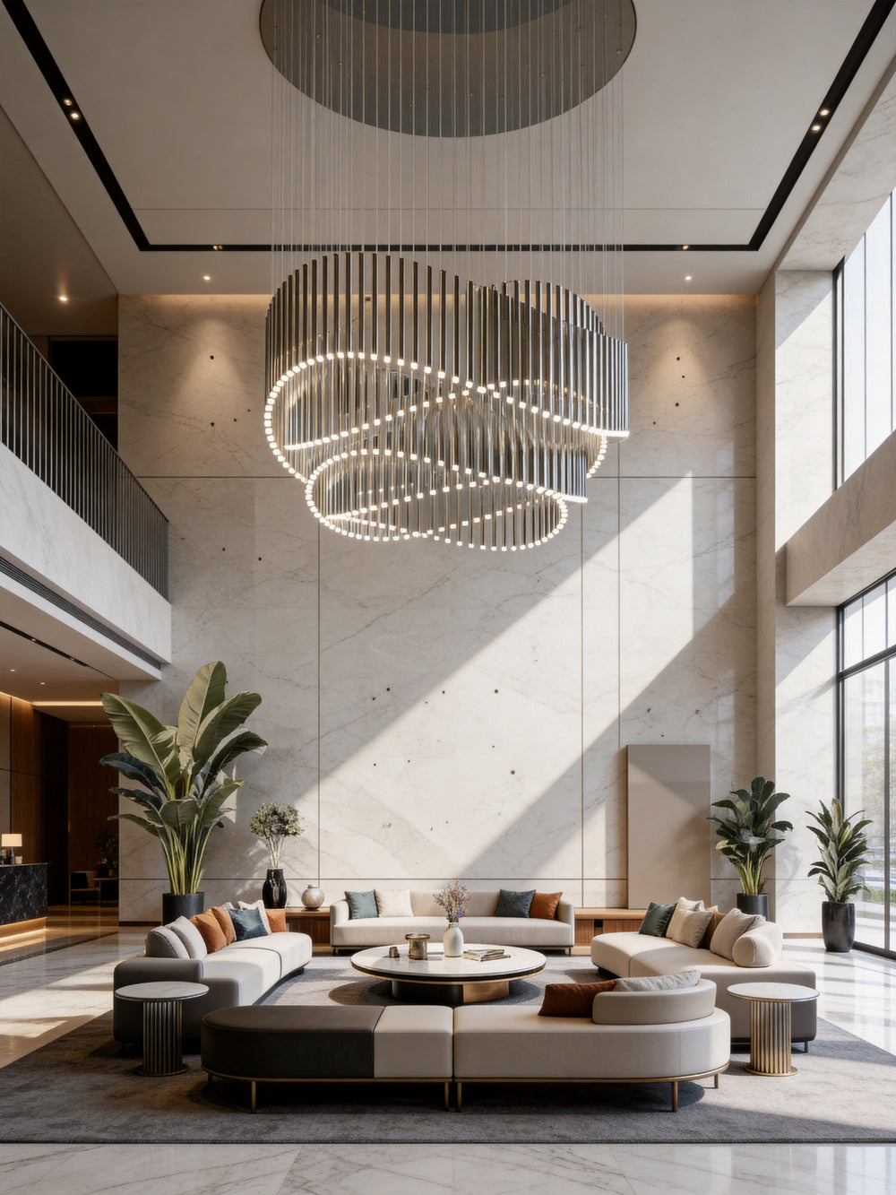 Custom modern architectural pendant lighting for double-height commercial interiors and lobby voids