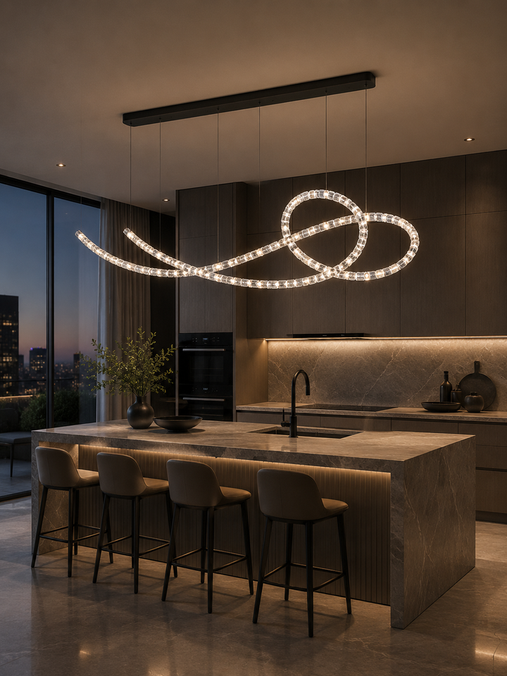 Custom crystal glass serpentine chandelier above a luxury stone kitchen island with city night view, Serpentine Crystal Flow by Lucretia