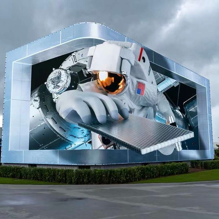 Custom curved corner LED display integrated into an architectural facade for immersive commercial visual installations