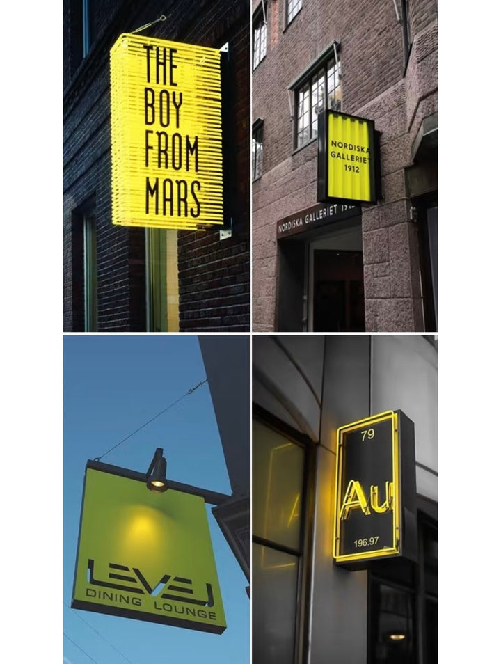 Custom projecting blade signs with geometric shapes mounted on urban building facades