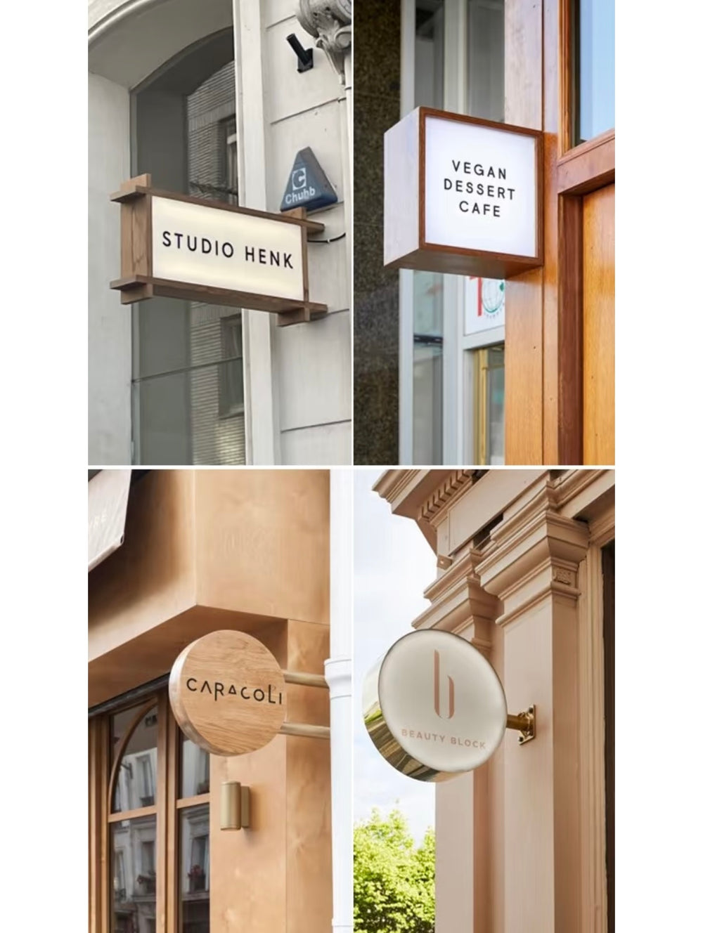 Illuminated round projecting blade sign wall mounted for retail storefront