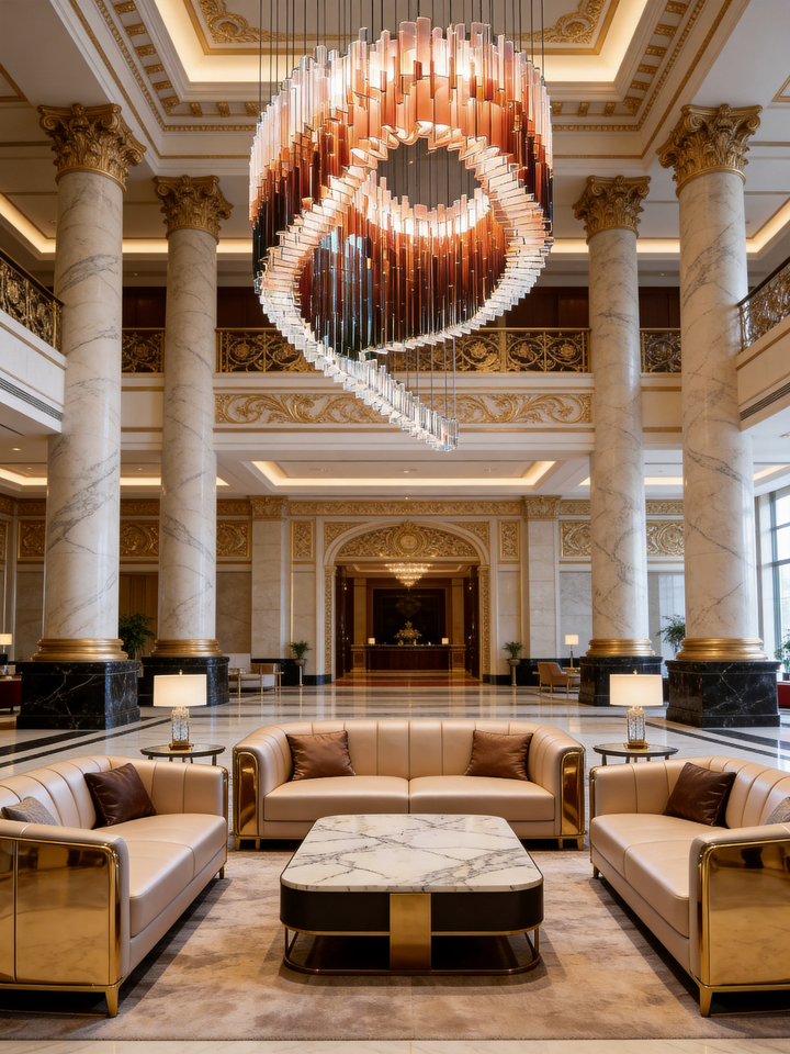 Custom sculptural glass chandelier for grand hotel lobby and luxury commercial interiors