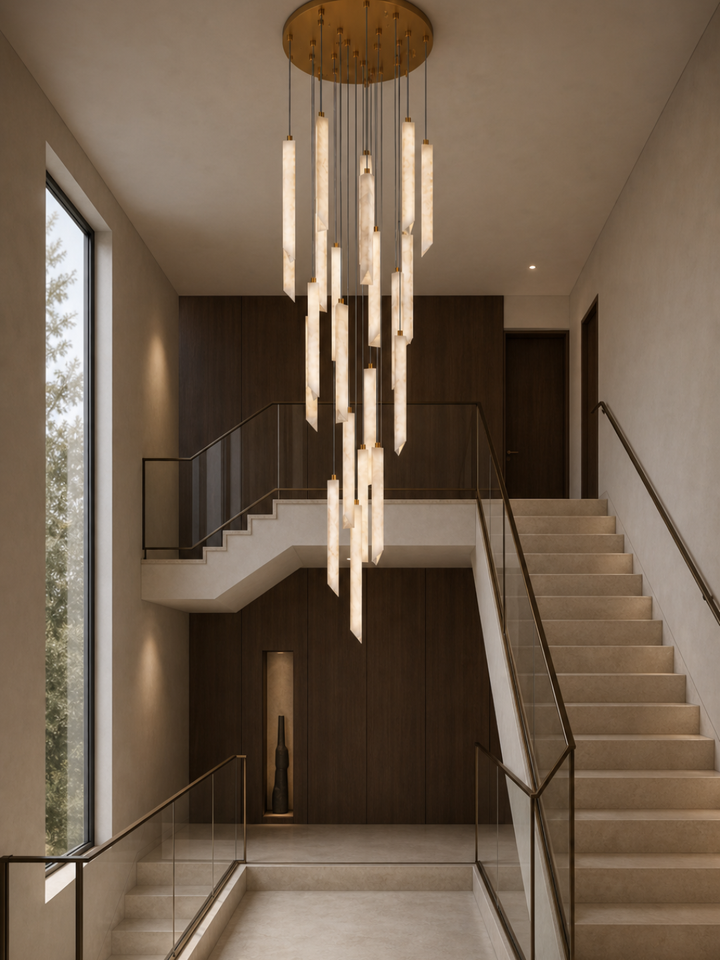 Custom Spanish alabaster pendant lighting installation for a luxury staircase featuring handcrafted stone pendants and bespoke configuration.