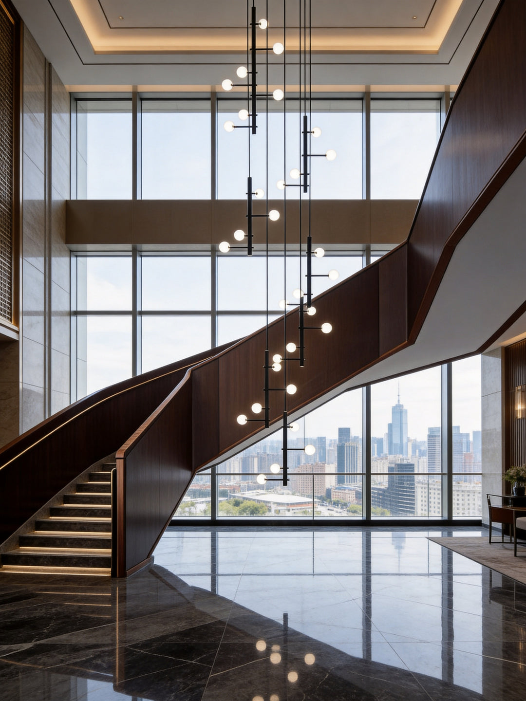 Custom staircase pendant lighting with globe lights designed for double-height commercial and hotel interiors.