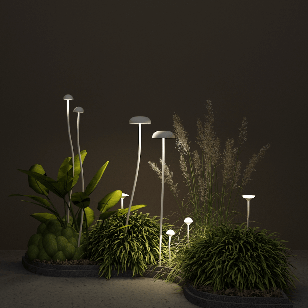 Decorative mushroom spike light creating ambient garden feature lighting