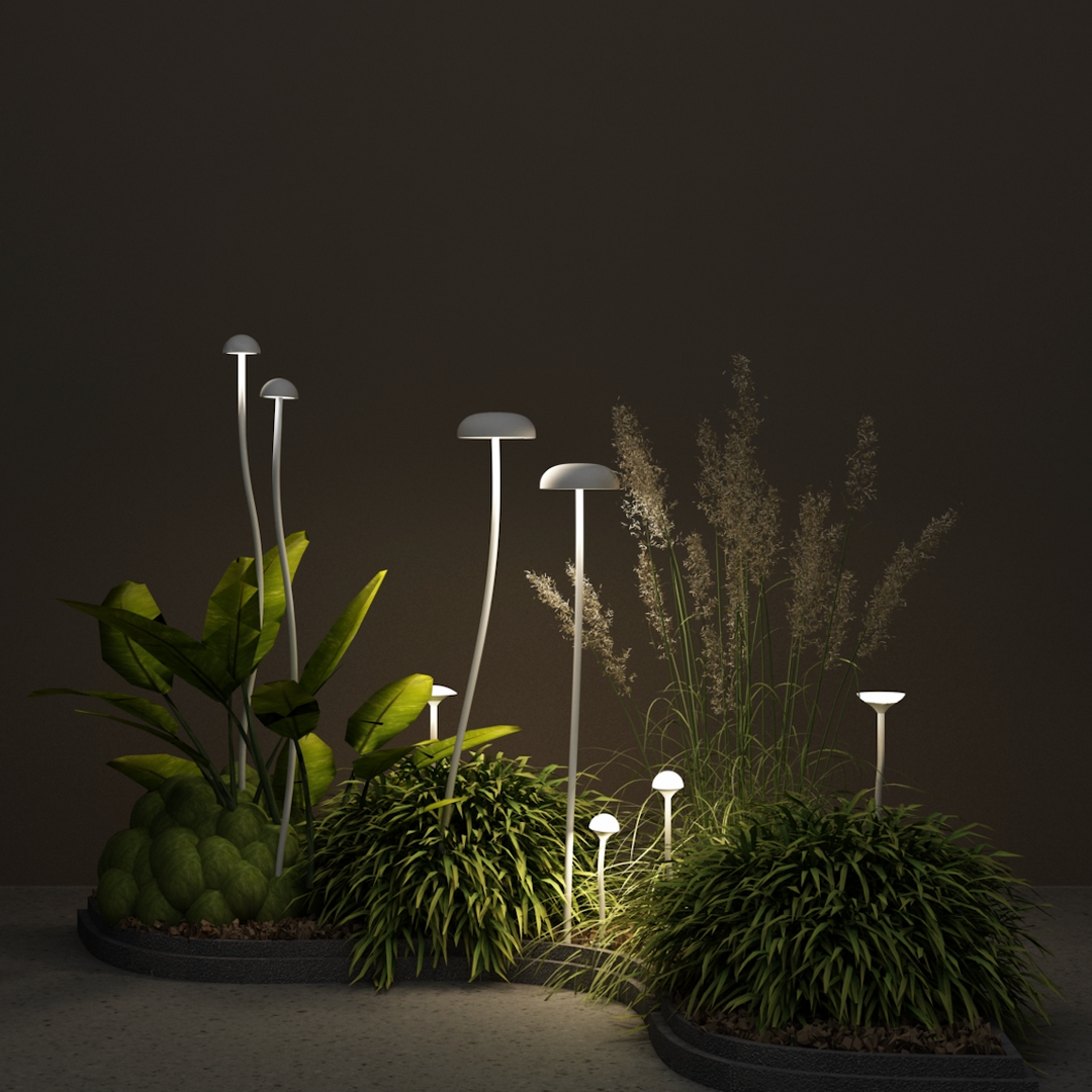 Decorative mushroom spike light creating ambient garden feature lighting
