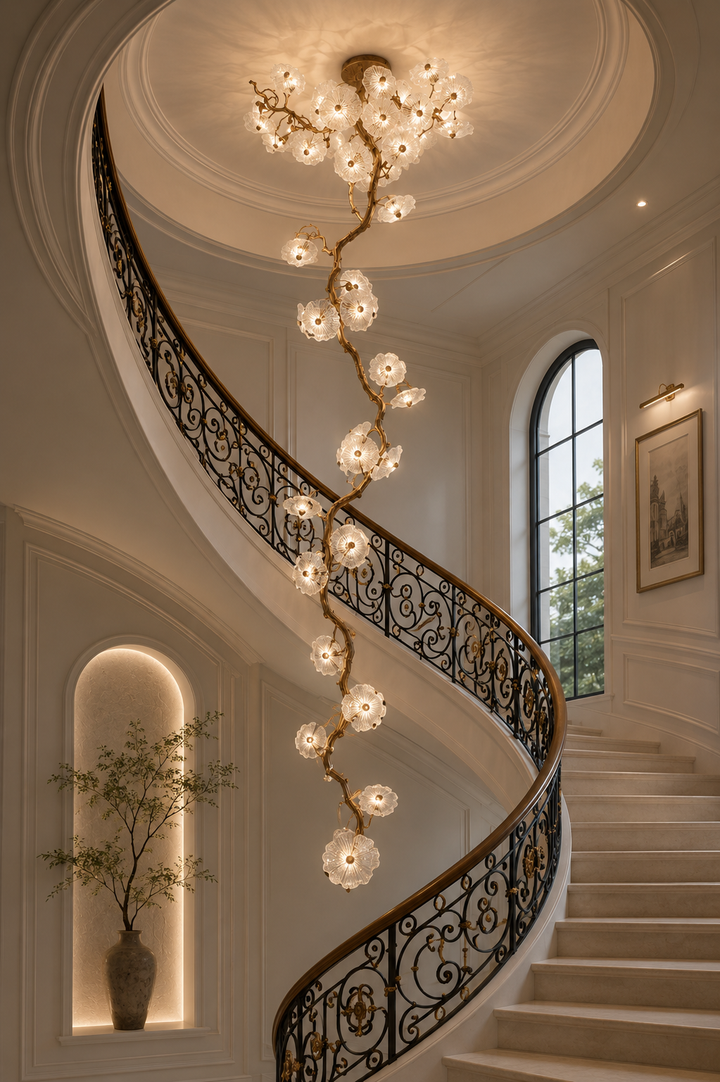 Desert Rose Vertical Ceiling Light with frosted glass flowers on a gold branch beside a sweeping staircase in a high-end home