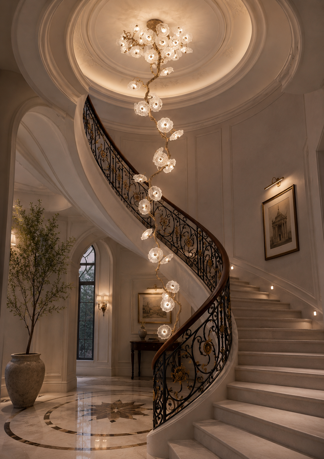 Desert Rose Vertical Ceiling Light cascading glass blossoms down a curved staircase void in a luxury residential foyer