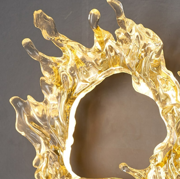 close up of dive wall lamp showing liquid brass sculptural resin design modern decorative led wall light for luxury interior
