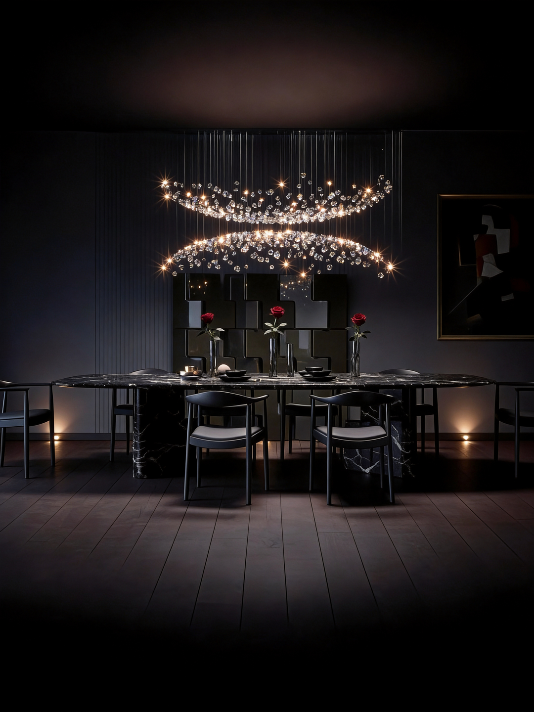 Double arc sculptural crystal pendant light above a black marble dining table in a dramatic dark luxury dining room with rose table setting, NOVAÉ Spiral 2220 by Lucretia