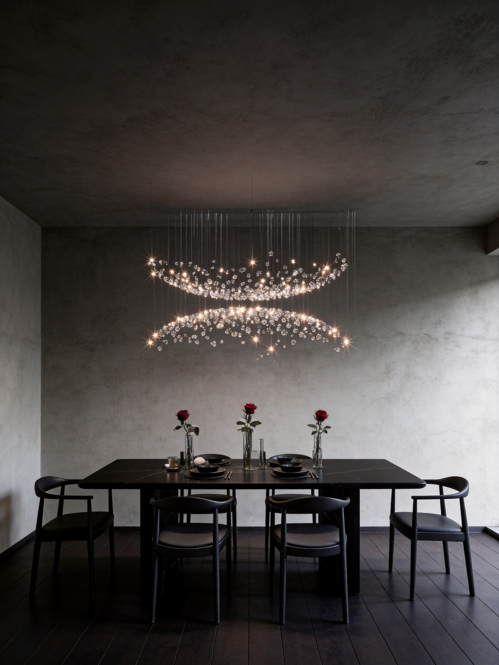 Double arc sculptural crystal pendant light above a luxury dining table in a dark concrete interior with rose table setting, NOVAÉ Spiral 2220 by Lucretia