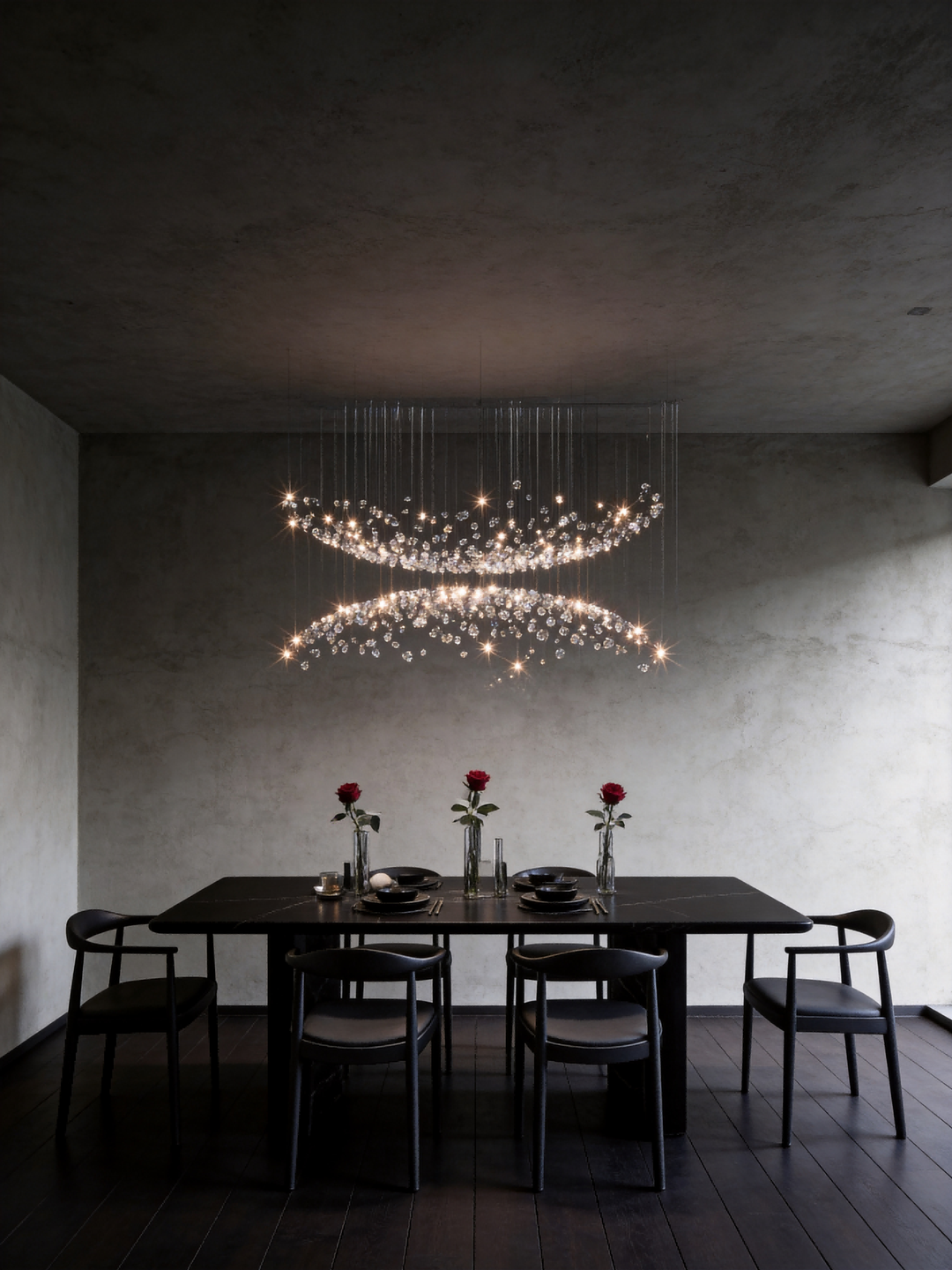 Double arc sculptural crystal pendant light above a luxury dining table in a dark concrete interior with rose table setting, NOVAÉ Spiral 2220 by Lucretia