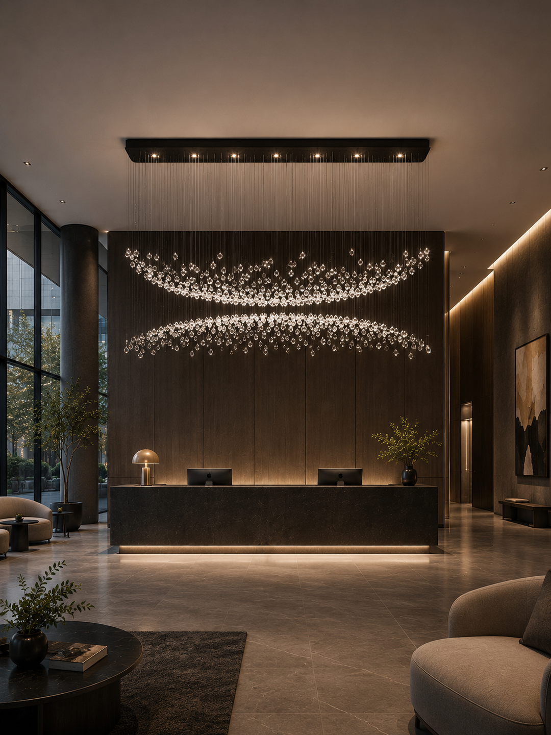 Double arc crystal pendant light suspended above a luxury hotel lobby reception desk with dark timber feature wall, NOVAÉ Spiral 2220 by Lucretia