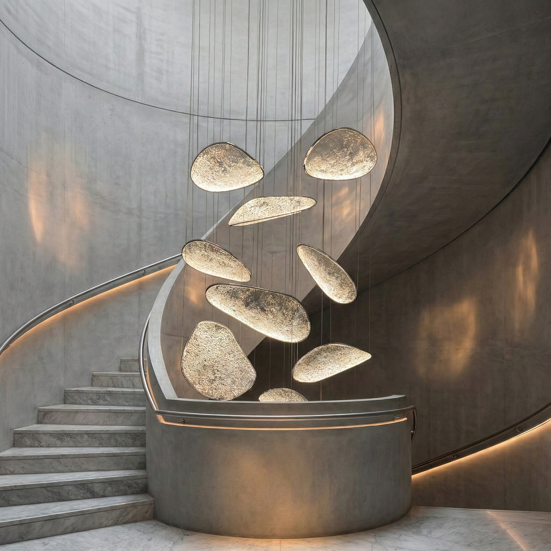Modern chandelier lighting in double-height staircase interior