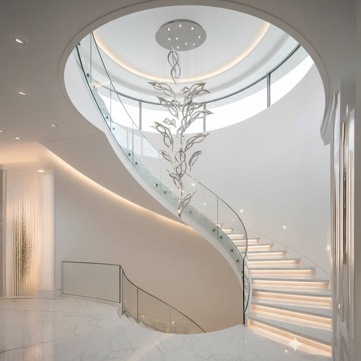 Sculptural pendant lighting installed in double-height interior void