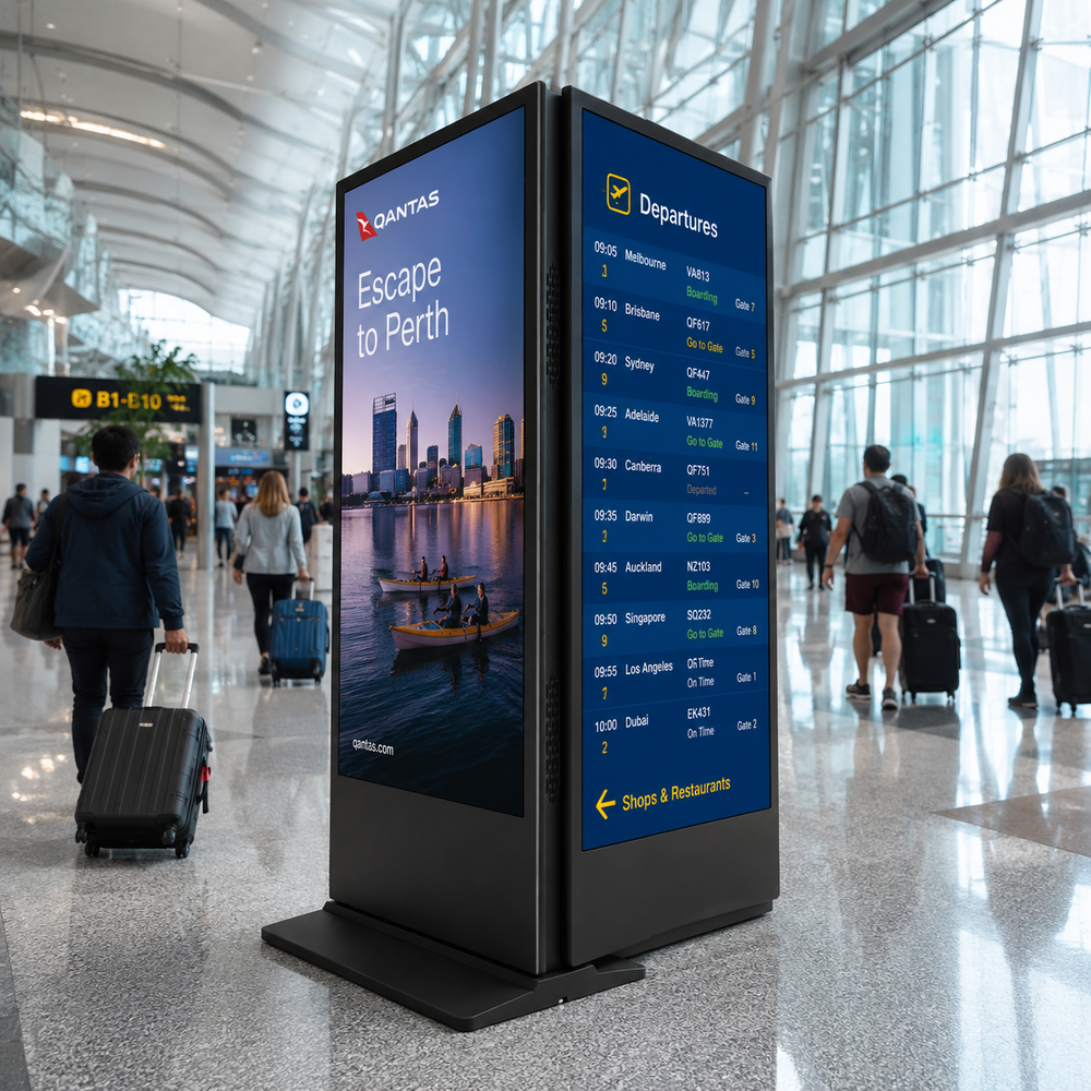 Double-Sided LCD Digital Signage Display used in an airport terminal for passenger information, advertising and wayfinding communication.
